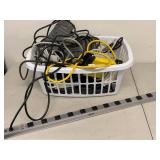 Assorted Power Strips Surge Protectors Extension Cords Basket with Tripp Lite Outlet Bar