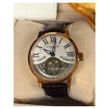 Stührling Original Tourbillon Skeleton Watch - Rose Gold Case, Black Leather Strap
