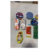 VINTAGE tin litho toy noise makers; mid-century Eagle cap gun