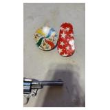 VINTAGE tin litho toy noise makers; mid-century Eagle cap gun
