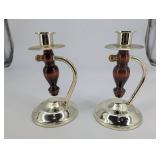 Pair of Silver-Plated Candlesticks - Turned Wood Center