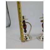 Pair of Silver-Plated Candlesticks - Turned Wood Center