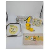 Lemon Decor Set (Lot of 5) - Squeeze the Day Framed Print, When Life Gives You LEMONS Make Lemonade Sign, Live Life with zest, Lemon Bucket & Napkin