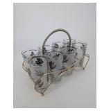 Set of 6 Frosted Glass Tumblers with Etched Leaf Pattern in Gold Wire Carrier