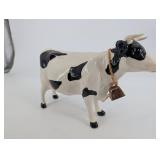 Ceramic Cow Figurine with Rope Bell Necklace - Black & White Spotted, About 9in Long