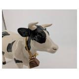 Ceramic Cow Figurine with Rope Bell Necklace - Black & White Spotted, About 9in Long