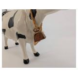 Ceramic Cow Figurine with Rope Bell Necklace - Black & White Spotted, About 9in Long