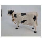Ceramic Cow Figurine with Rope Bell Necklace - Black & White Spotted, About 9in Long