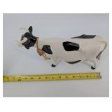 Ceramic Cow Figurine with Rope Bell Necklace - Black & White Spotted, About 9in Long