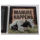 Two Cow Art Prints - Framed Black & White Cattle, Manure Happens Sign