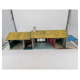 Vintage Tin Litho Dollhouse with Yellow Roof and Blue Side Canopy