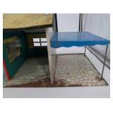 Vintage Tin Litho Dollhouse with Yellow Roof and Blue Side Canopy