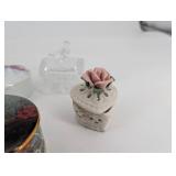 Crystal Glass Trinket Boxes, Floral Heart Box & Vintage Tins (Lot of 7)