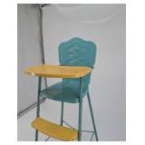 Vintage Metal Doll High Chair - Teal Frame With Yellow Tray And 2-Step Footrest
