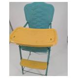 Vintage Metal Doll High Chair - Teal Frame With Yellow Tray And 2-Step Footrest