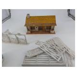 Vintage Metal Doll House with Porch, Interior Details & White Fence Panels