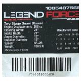 LegendForce Two Stage Snow Blower 208 CC 24  Msrp $649.99
