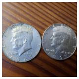 One Dollar Face Value :: 2 x 1967 40% silver Kennedy Half Dollars