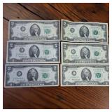 1967 Two Dollar Circulated Banknotes :: 4 of a kind and full house :: Good condition in all 6 notes
