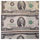 1967 Two Dollar Circulated Banknotes :: 4 of a kind and full house :: Good condition in all 6 notes