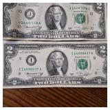 1967 Two Dollar Circulated Banknotes :: 4 of a kind and full house :: Good condition in all 6 notes