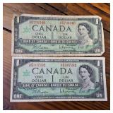 Vintage Canadian Bank Notes from 1967  2 One Dollar Bills