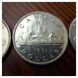 Lot of 3 :: 1950, 1951 and 1952 Silver Canada Dollars :: 80% silver :: Great, bright condition