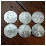 Lot of 6 :: 90% Silver Dollars:  Multiple Year U.S. Mint commemorative coin honoring Great Men!