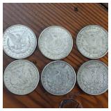 HUGE LOT 6 Coins! 1921 Morgan silver dollars :: Weight: 26.7 grams 90% silver :: Circulated