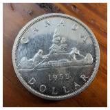 1955 Canada Dollar :: 80% Silver Content :: Standard (3 Water Lines) Bright Condition, nice edges