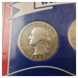 WWII-era silver quarter sets (19421945) contain 90% silver Washington quarters minted during the war