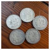Lot of 5 :: 1921 Morgan silver dollars :: Weight: 26.7 grams 90% silver :: Popular by the US Mint!