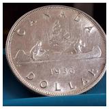 1936 Silver Canada Dollar :: 80% silver :: Circulated but nice condition