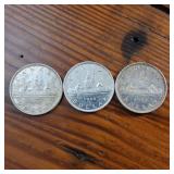 Lot of 3 :: 1945, 1946 and 1947 Silver Canada Dollars :: 80% silver :: circulated, one is bright