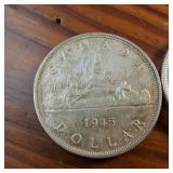 Lot of 3 :: 1945, 1946 and 1947 Silver Canada Dollars :: 80% silver :: circulated, one is bright