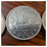 Lot of 3 :: 1945, 1946 and 1947 Silver Canada Dollars :: 80% silver :: circulated, one is bright