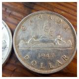 Lot of 3 :: 1945, 1946 and 1947 Silver Canada Dollars :: 80% silver :: circulated, one is bright