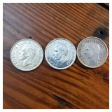 Lot of 3 :: 1945, 1946 and 1947 Silver Canada Dollars :: 80% silver :: circulated, one is bright