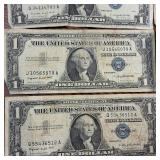 6 Total Circulated Silver Certificate Blue Seal Banknotes  Circulated 1957A series