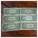 6 Total Circulated Silver Certificate Blue Seal Banknotes  Circulated 1957A series