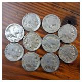 Large Lot (10 coins) circulated Buffalo Head Nickels :  made in USA :: various years