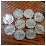 Large Lot (10 coins) circulated Buffalo Head Nickels :  made in USA :: various years