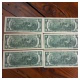 Large Lot (6 Notes) :: Series 1976 $2 Federal Reserve Notes  crisp, clean and no crease!