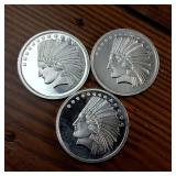 Lot of 3: 1 Troy Ounce Bullion Coins from Silvertowne ::  Chief and Eagle :: .999 Fine Silver