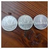 Lot of 3 :: 1937, 1938 and 1939 Silver Canada Dollars :: 80% silver :: circulated, but bright