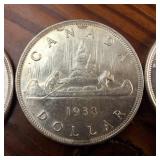Lot of 3 :: 1937, 1938 and 1939 Silver Canada Dollars :: 80% silver :: circulated, but bright