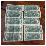 10 x Two Dollar Banknotes :: Federal Reserve Notes:  all from 1976 in crisp condition