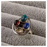 Large teardrop shaped sterling silver ring with four multicolored cabochon stones. size 8.25 - 9.0g