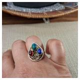 Large teardrop shaped sterling silver ring with four multicolored cabochon stones. size 8.25 - 9.0g