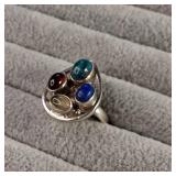 Large teardrop shaped sterling silver ring with four multicolored cabochon stones. size 8.25 - 9.0g